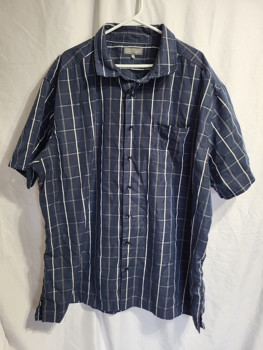 Denver Hayes Navy White Windowpane Short-Sleeve Button-Down, Size 3XL